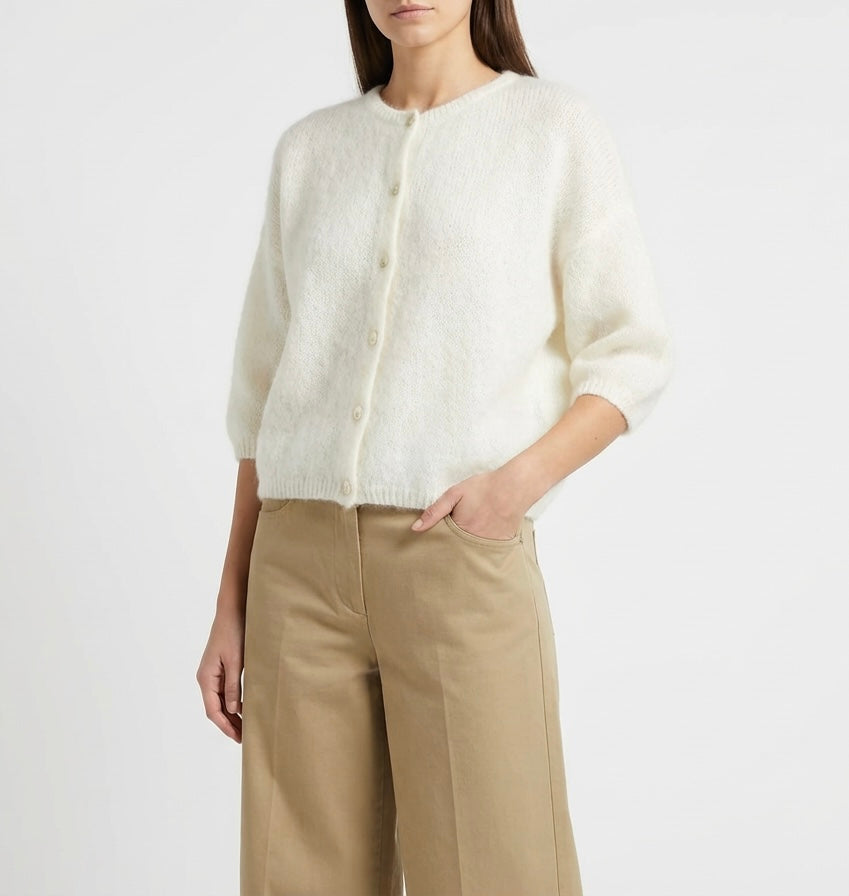 Cropped Balloon Sleeve Mohair Cardigan  One Size