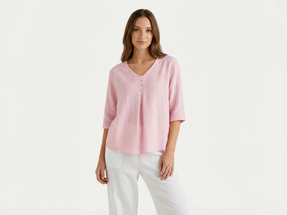 ITALIAN WASHED LINEN V-NECK TOP ONE SIZE