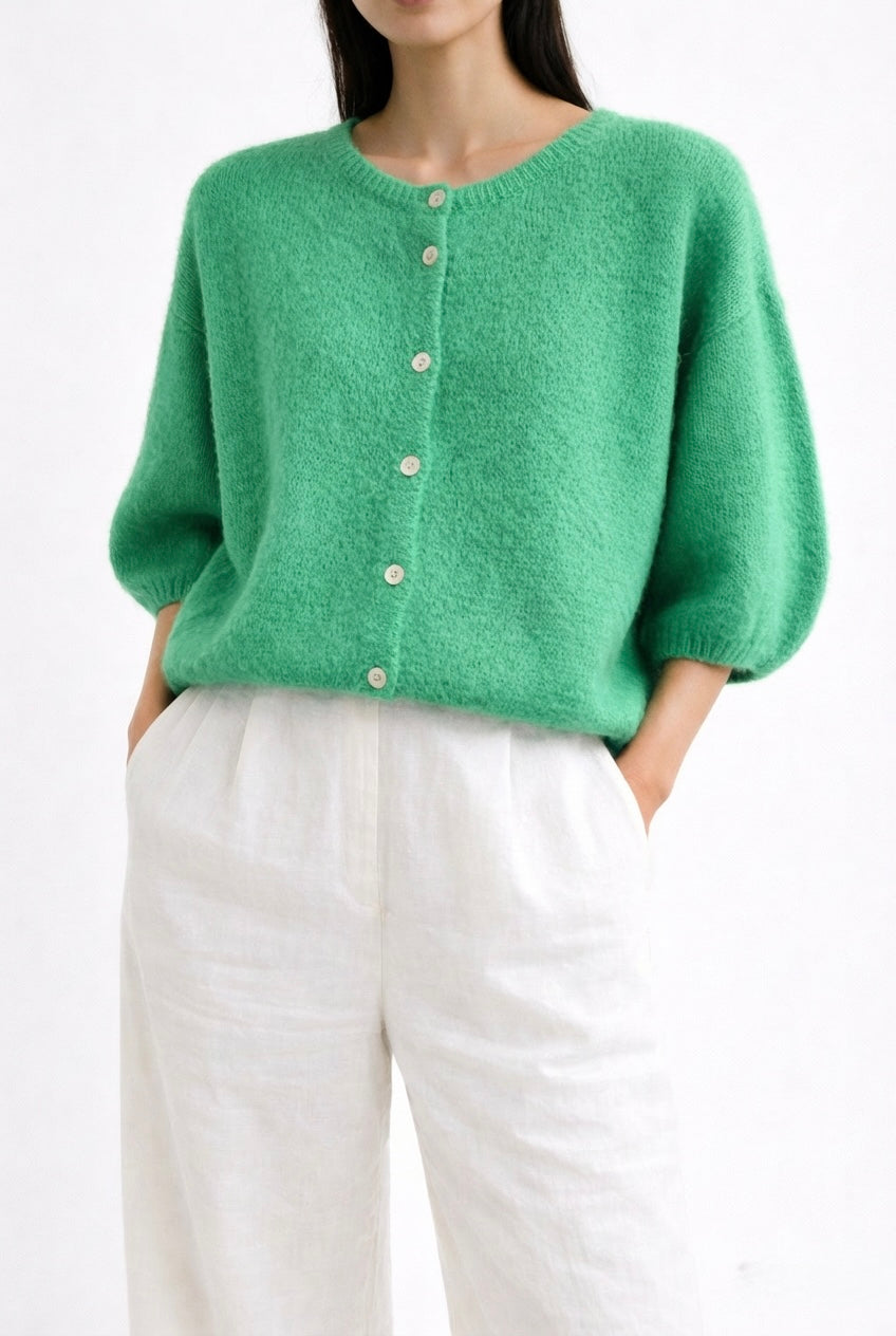 Cropped Balloon Sleeve Mohair Cardigan  One Size