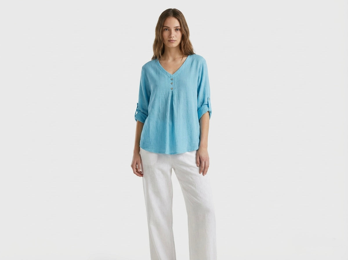 ITALIAN WASHED LINEN V-NECK TOP ONE SIZE