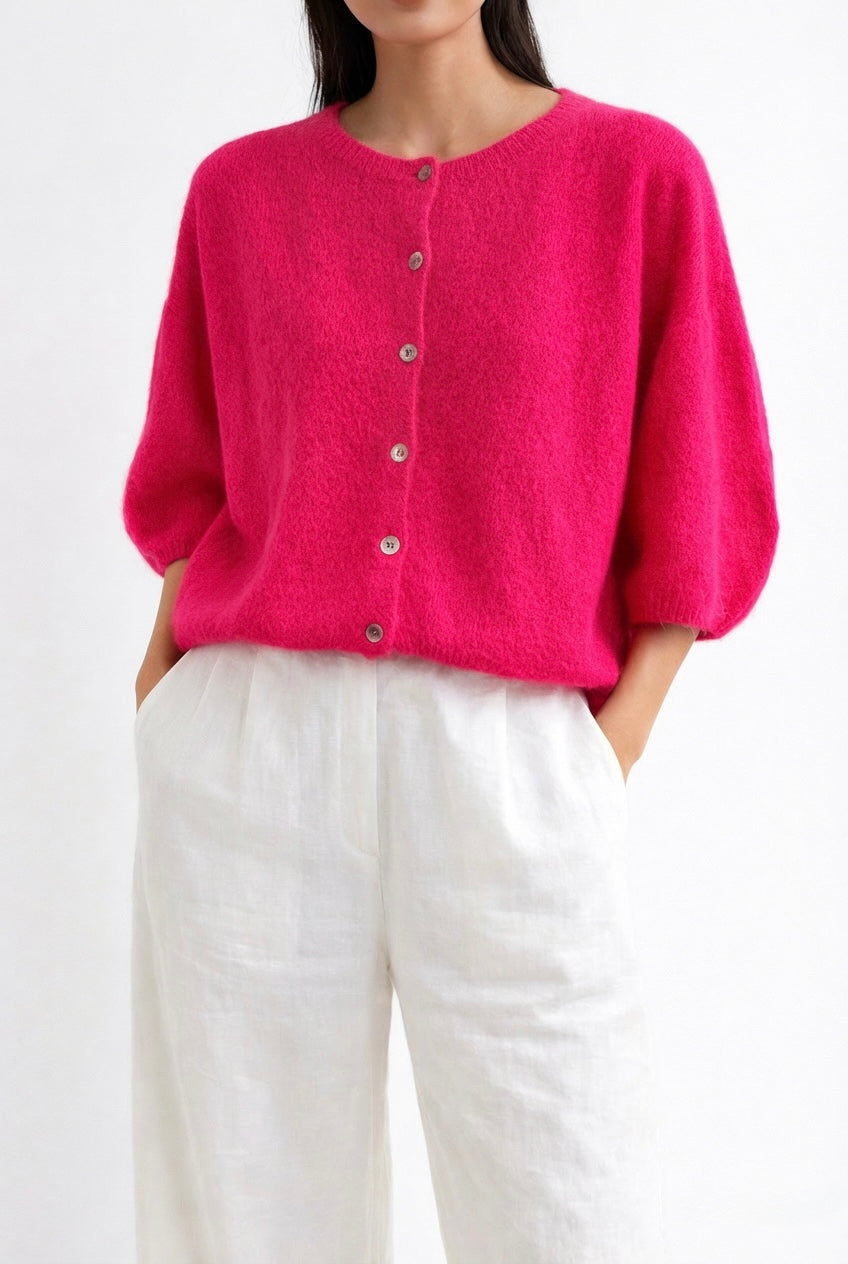 Cropped Balloon Sleeve Mohair Cardigan  One Size