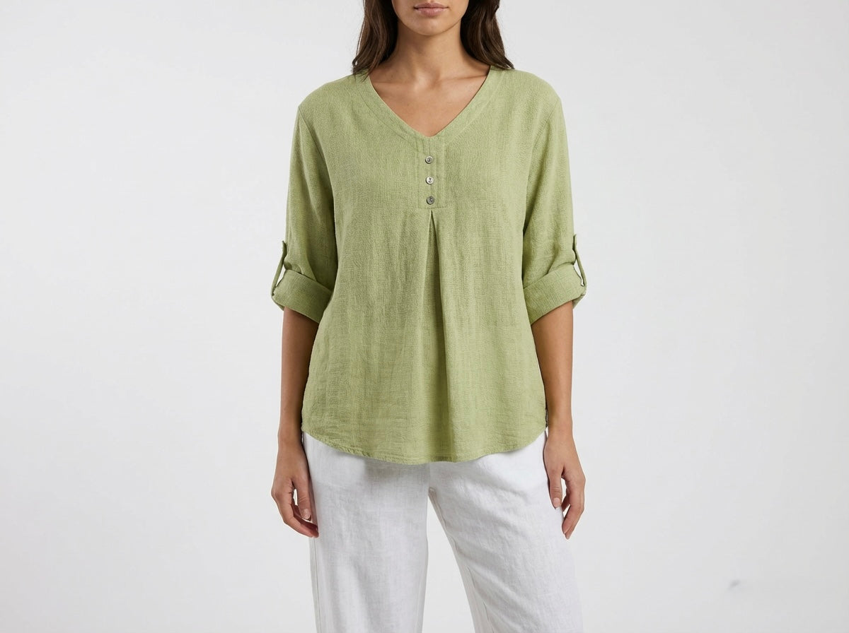 ITALIAN WASHED LINEN V-NECK TOP ONE SIZE