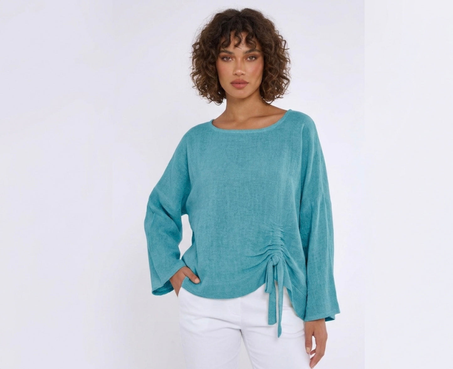 WASHED LINEN RUCHED TIE TOP ONE SIZE