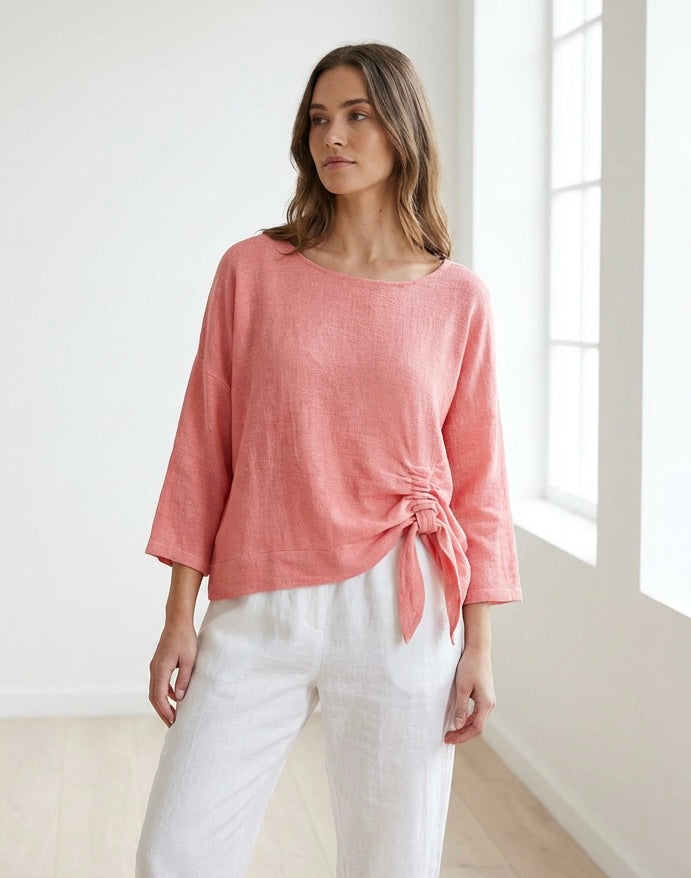 WASHED LINEN RUCHED TIE TOP ONE SIZE