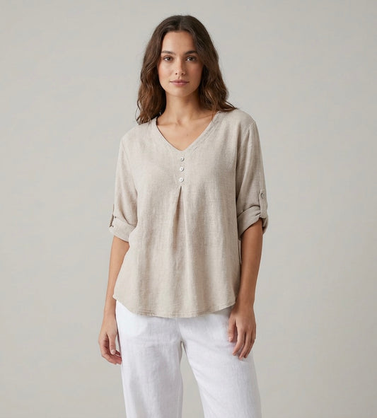 ITALIAN WASHED LINEN V-NECK TOP ONE SIZE
