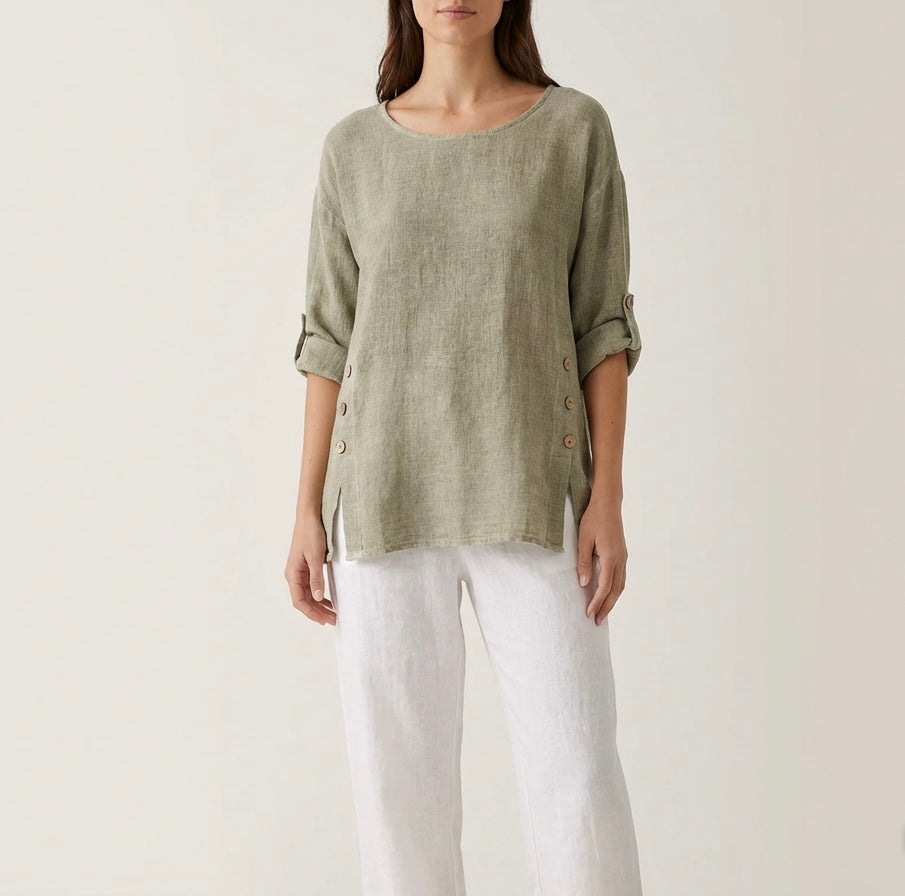 ITALIAN WASHED LINEN SIDE BUTTONS TOP ONE SIZE